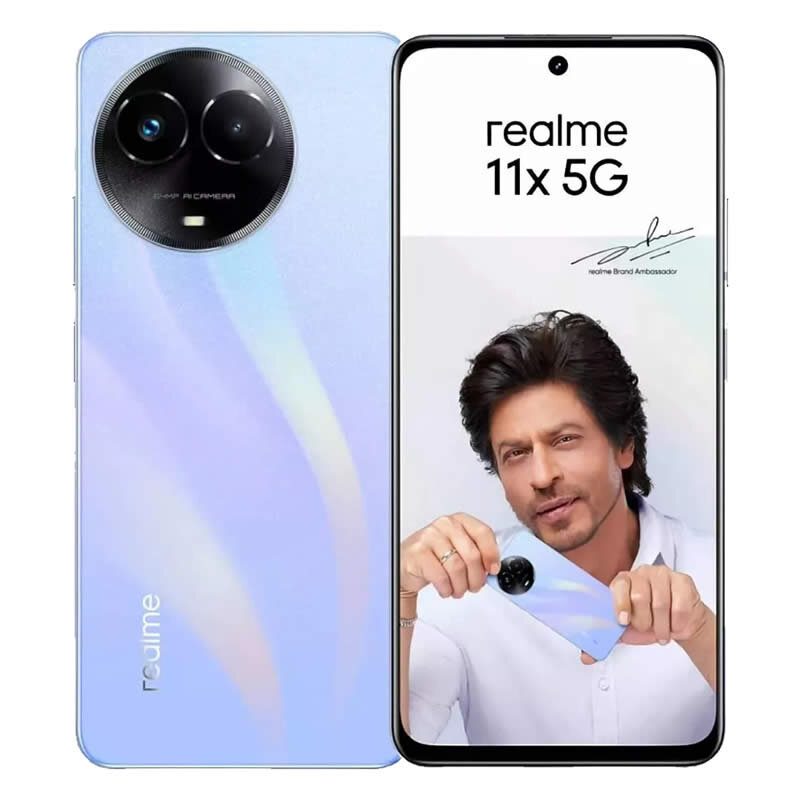 Celular Realme 11x com a traseira ao lado da tela