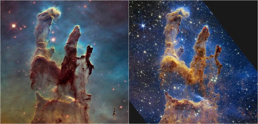 formação de estrelas na Nebulosa da Águia pelo telescópio Hubble e James Webb
