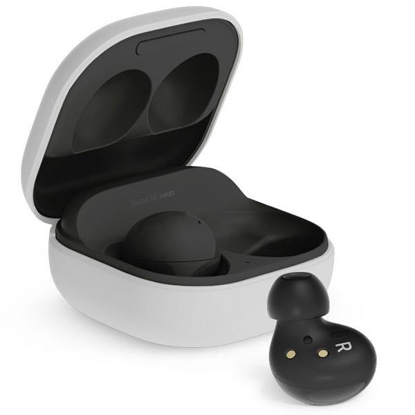 Fone Bluetooth Samsung Galaxy Buds 2 com estojo branco aberto e um dos lados de fora