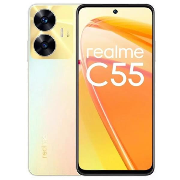 Celular Realme C55 com tela sobre metade ta traseira