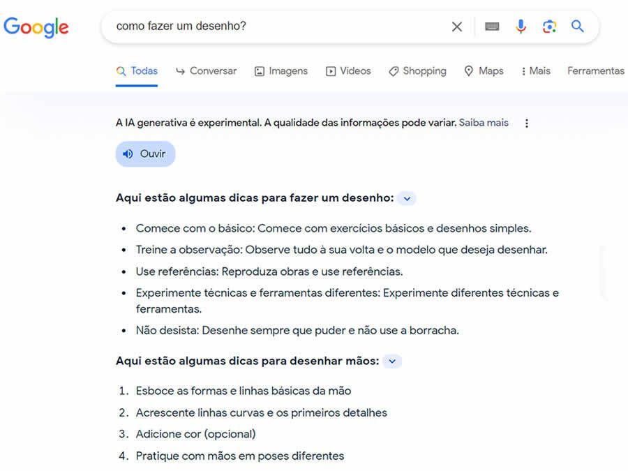 resultados com Experiência de Pesquisa Generativa do Google