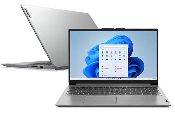 notebook IdeaPad-1-15IAU7 apresenta sistema windows na tela e parte traseira ao fundo