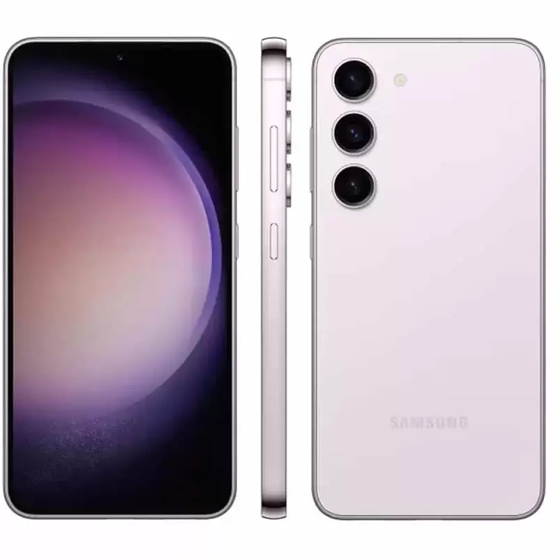 Celular Samsung Galaxy S23 mostrando a tela, perfil e traseira
