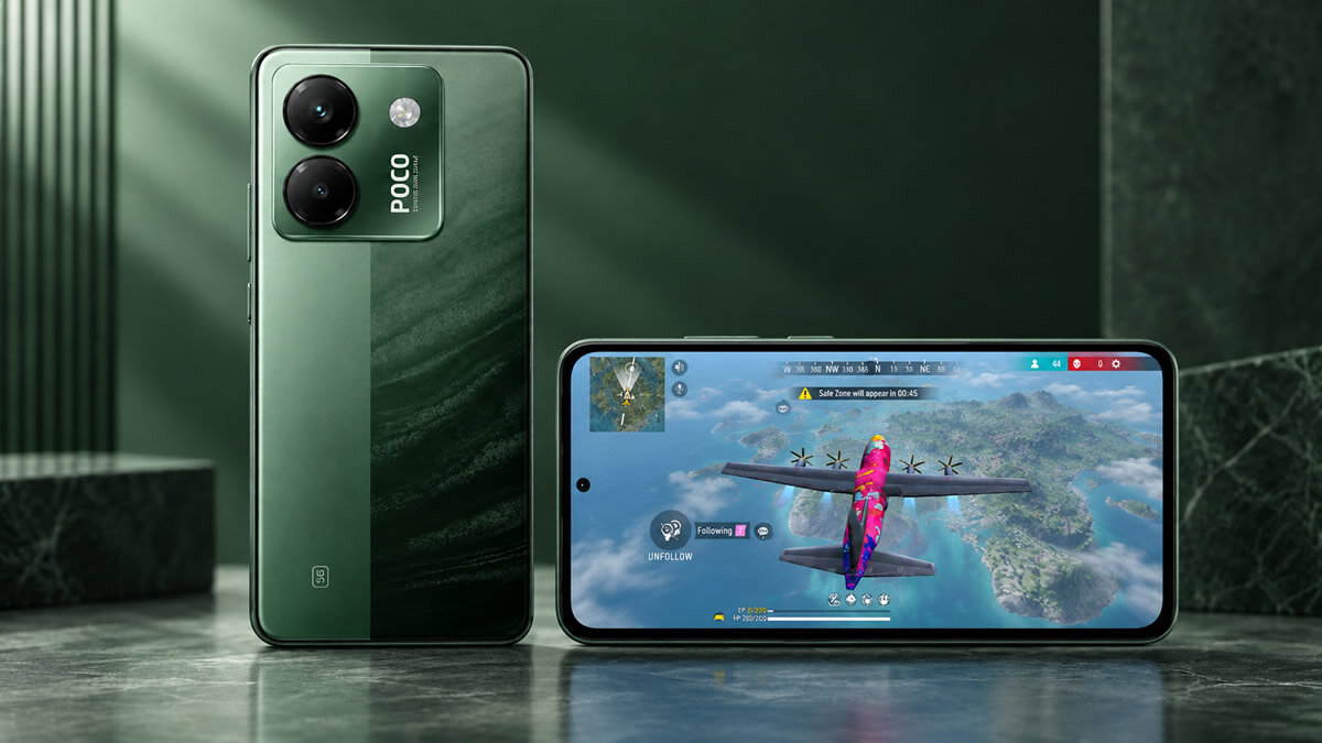 POCO M7 Pro 5G visto pela frente e pela traseira