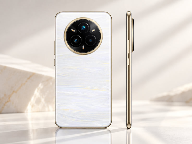 realme 14 Pro+ 5G visto pela traseira e pelo perfil lateral