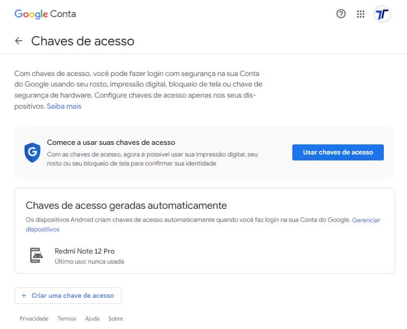 Como usar passkey (chave de acesso) Google