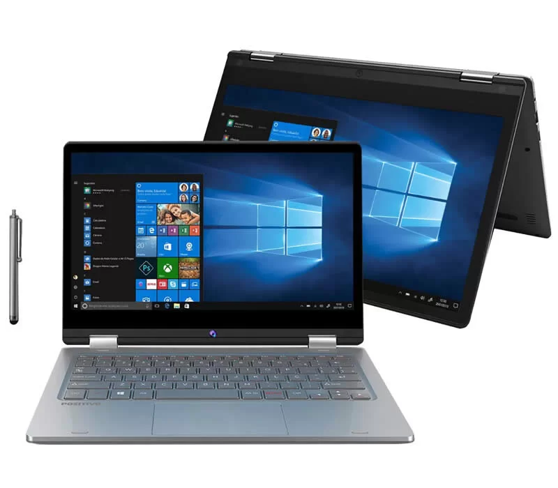notebook Positivo Duo 2 em 1 com versão laptop na frente e versão tablet ao fundo
