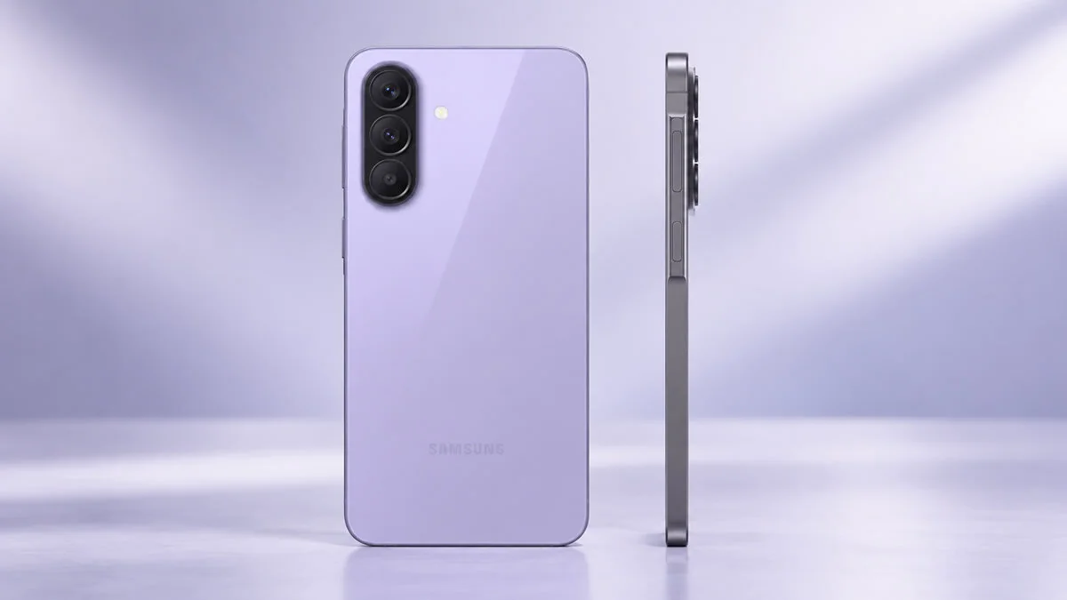 Samsung Galaxy A57 5G visto de perfil e pela traseira