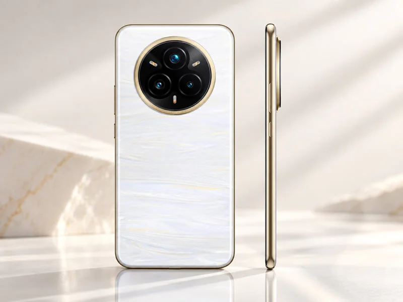 realme 14 Pro+ 5G visto pela traseira e pelo perfil lateral